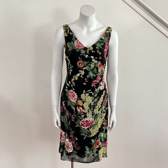 100% Silk Kay Unger Beaded Sequin Dress V-neck Black Floral 4 - Picture 6 of 10